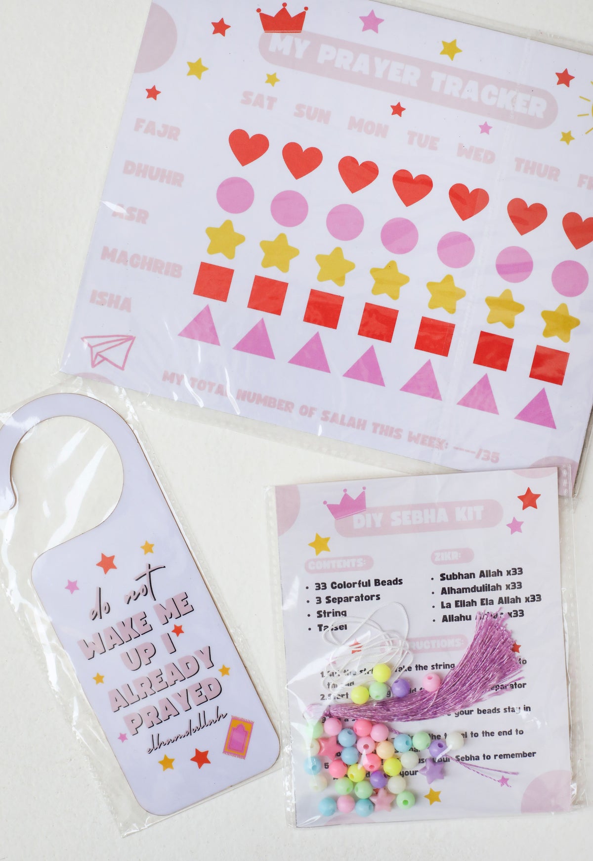 Junior Prayer Kit (Prayer Tracker + Wake me up for Fajr Door Knob + DIY Sebha Kit)